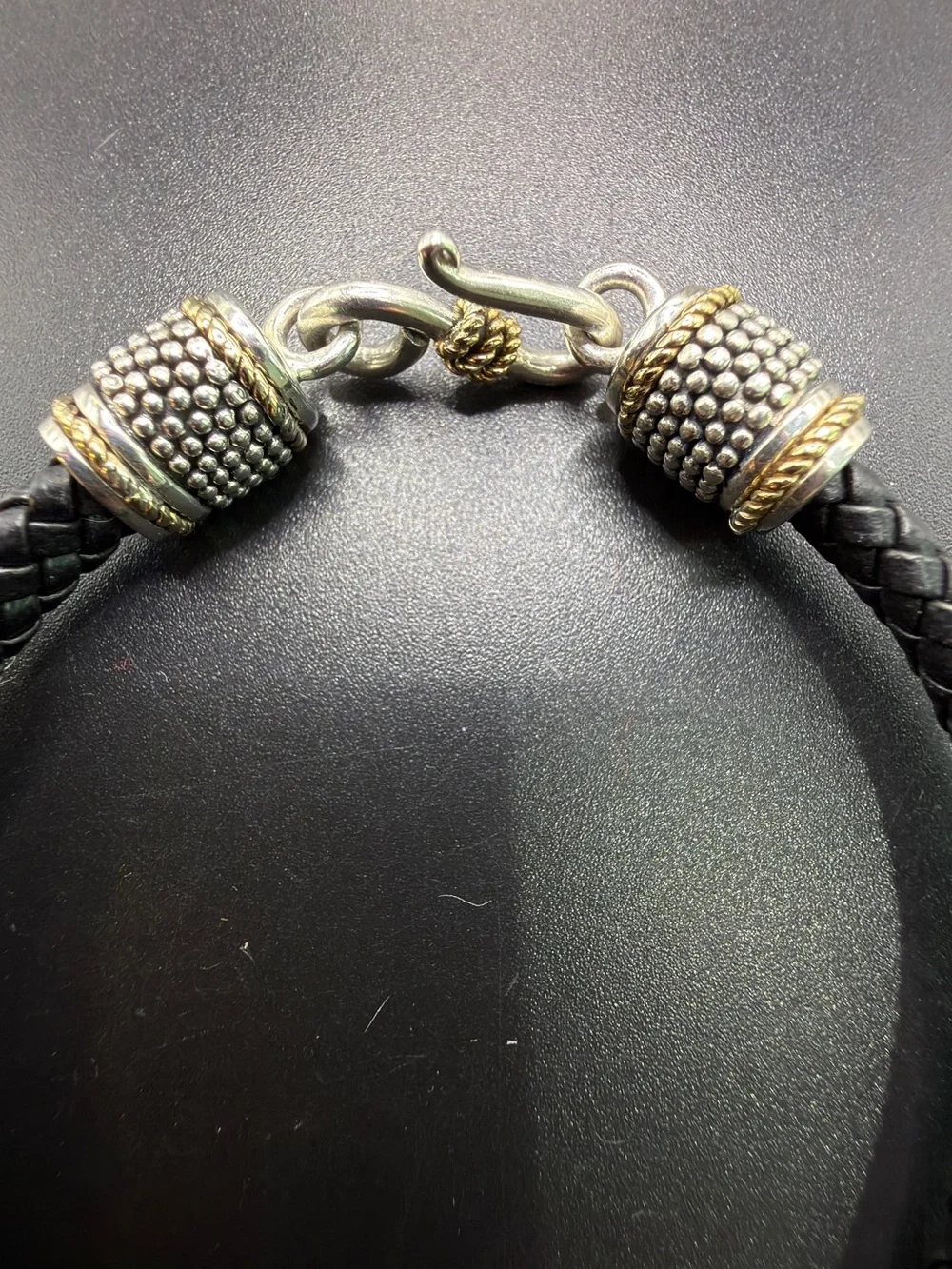 14K 925 STERLING SILVER LEATHER BRAIDED BRACELET UNISEX BLACK EDGY BIKER